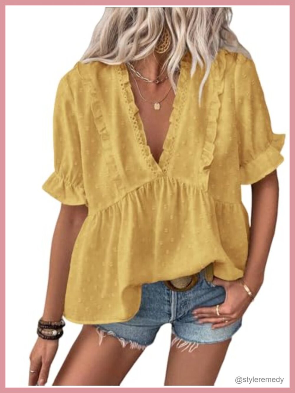 Womens Laser Cut Deep V-Neck Puff Sleeve Swiss Dot Babydoll Blouse